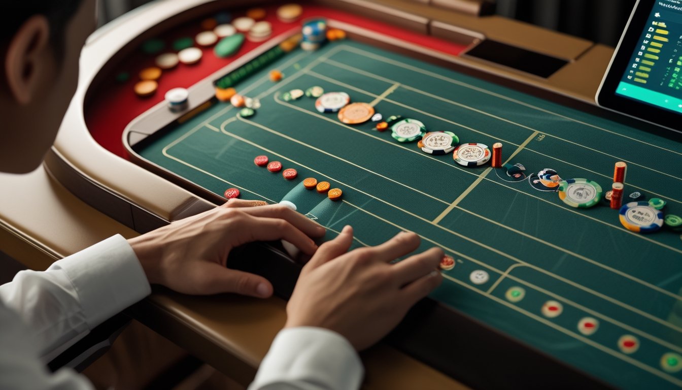 Seseorang menganalisis pola hasil permainan baccarat pada meja dan layar perangkat.