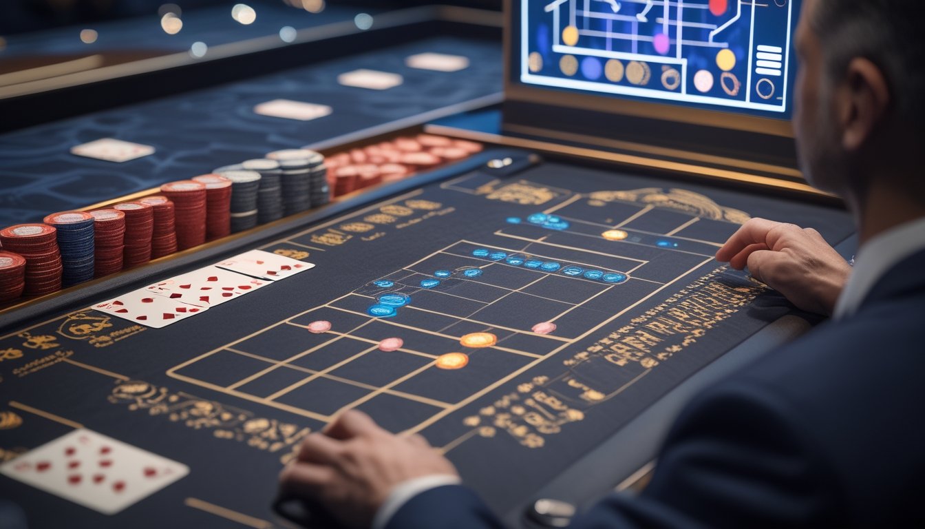 Seorang pemain mengamati pola visual pada meja baccarat dengan kartu dan keping taruhan.