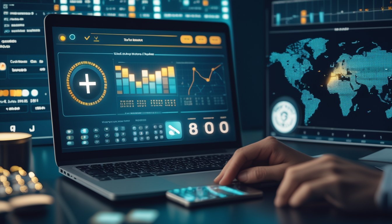 Laptop dan ponsel menampilkan dasbor digital dengan grafik, ikon keamanan, dan peta dunia bercahaya.