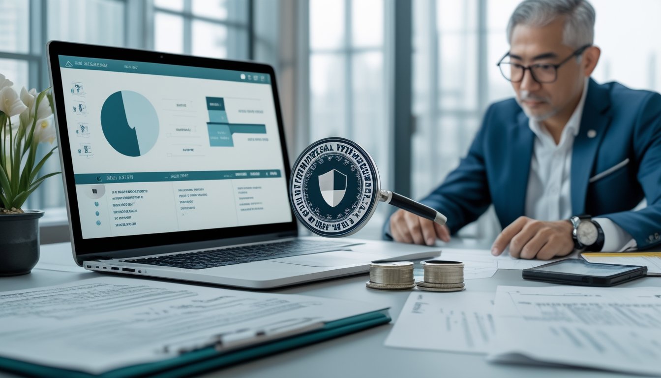 Profesional memeriksa dokumen legalitas dan dasbor digital dengan simbol verifikasi serta keamanan.