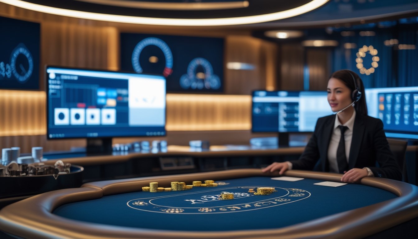 Meja baccarat elegan dengan kartu dan chip, sementara petugas layanan pelanggan memakai headset di depan komputer.