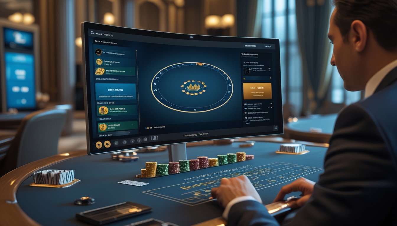 Dealer memandu permainan baccarat langsung dengan laptop yang menampilkan antarmuka kasino daring.
