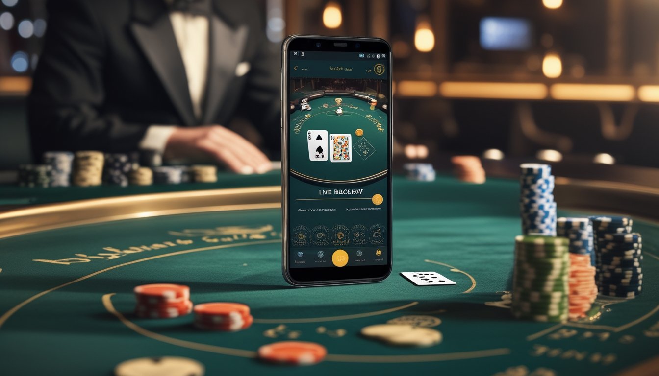 Ponsel Android menampilkan permainan baccarat langsung dengan meja kasino dan dealer di latar belakang.