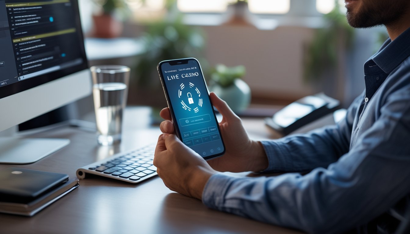 Orang dewasa menyiapkan ponsel Android dengan suasana kerja yang aman dan tertata sebelum mengakses platform kasino live.