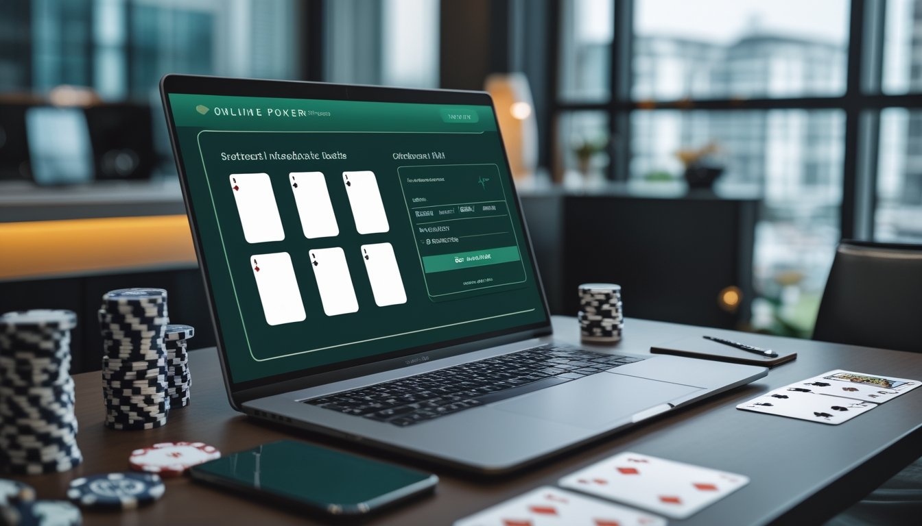 Laptop dengan tampilan permainan kartu daring abstrak, kartu poker, keping poker, dan ponsel di atas meja kerja modern.