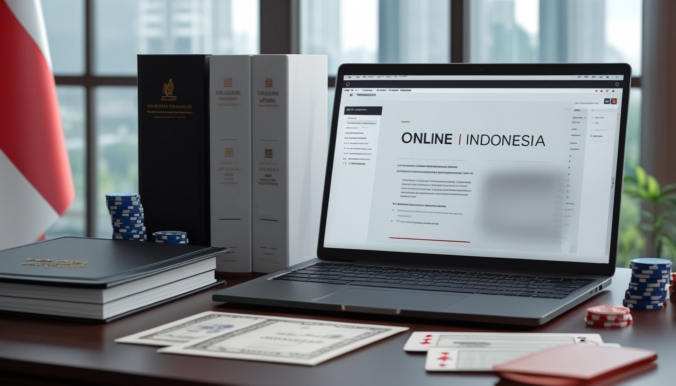 Meja kerja dengan dokumen hukum, laptop tertutup, kartu remi, dan keping poker berlatar aksen merah putih.