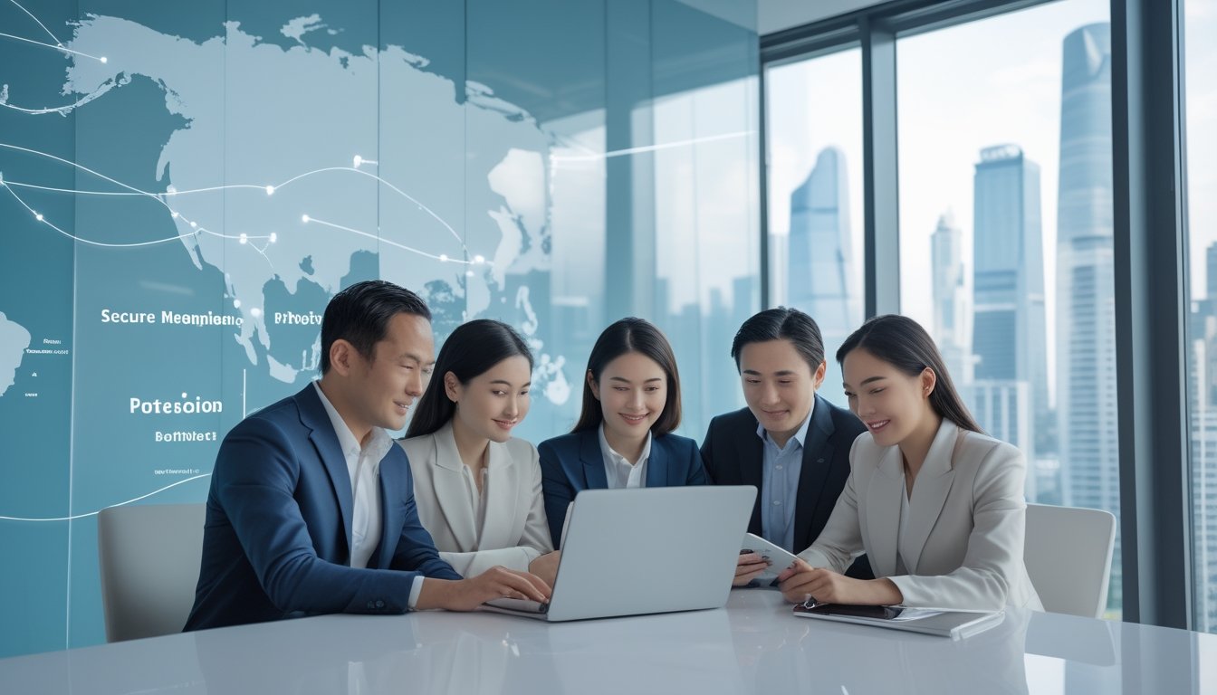 Sekelompok profesional Asia meninjau informasi digital di ruang kantor modern dengan pemandangan kota.