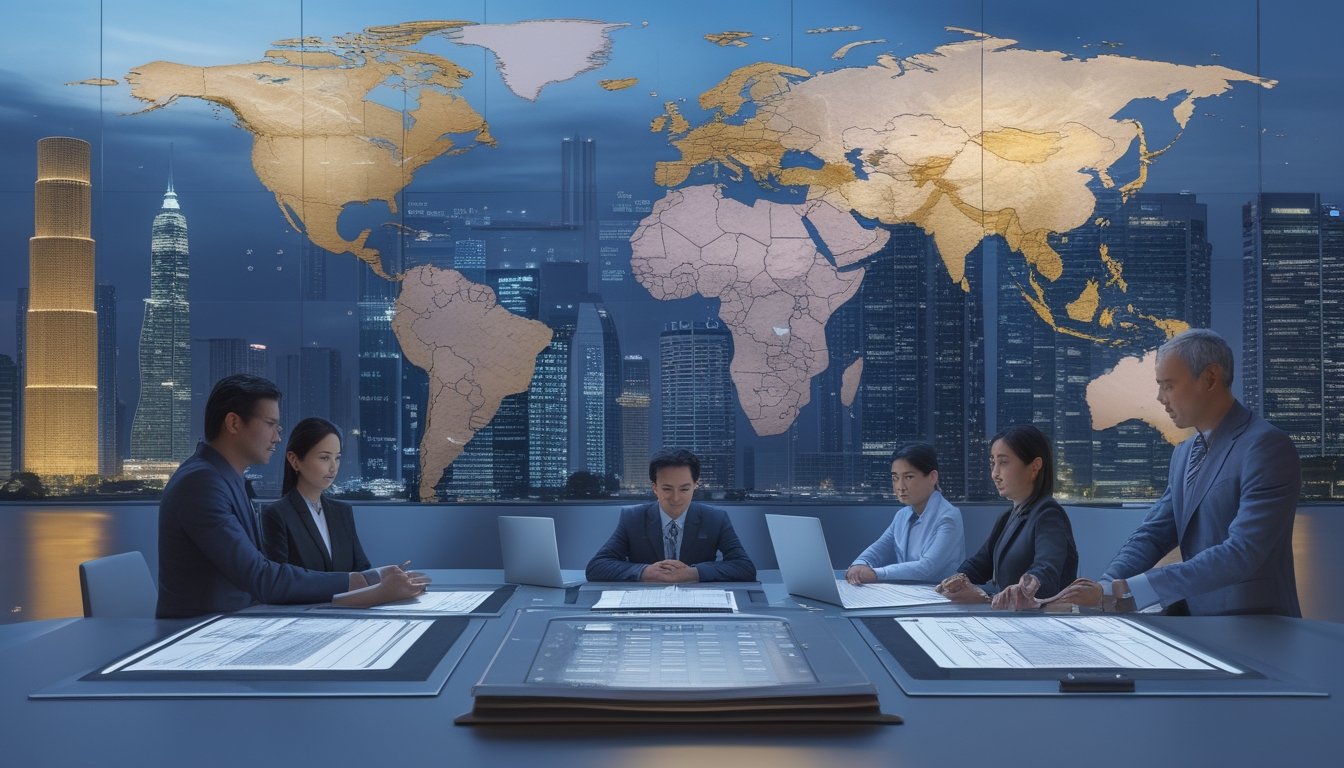Profesional Asia meninjau dokumen kepatuhan dan data lotere di ruang bisnis modern.