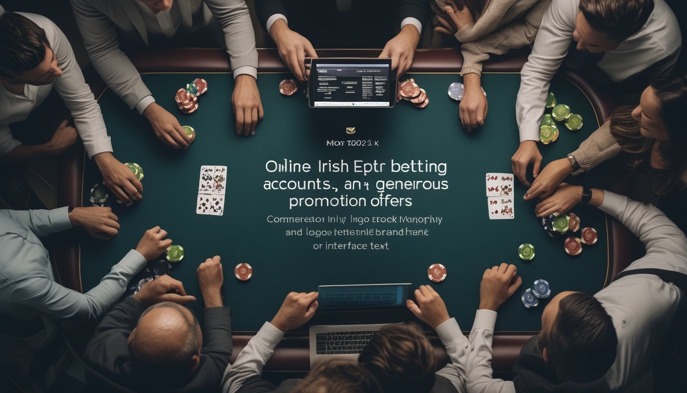 Sekelompok orang dewasa bermain poker online di sekitar meja dengan kartu, chip, dan perangkat digital.
