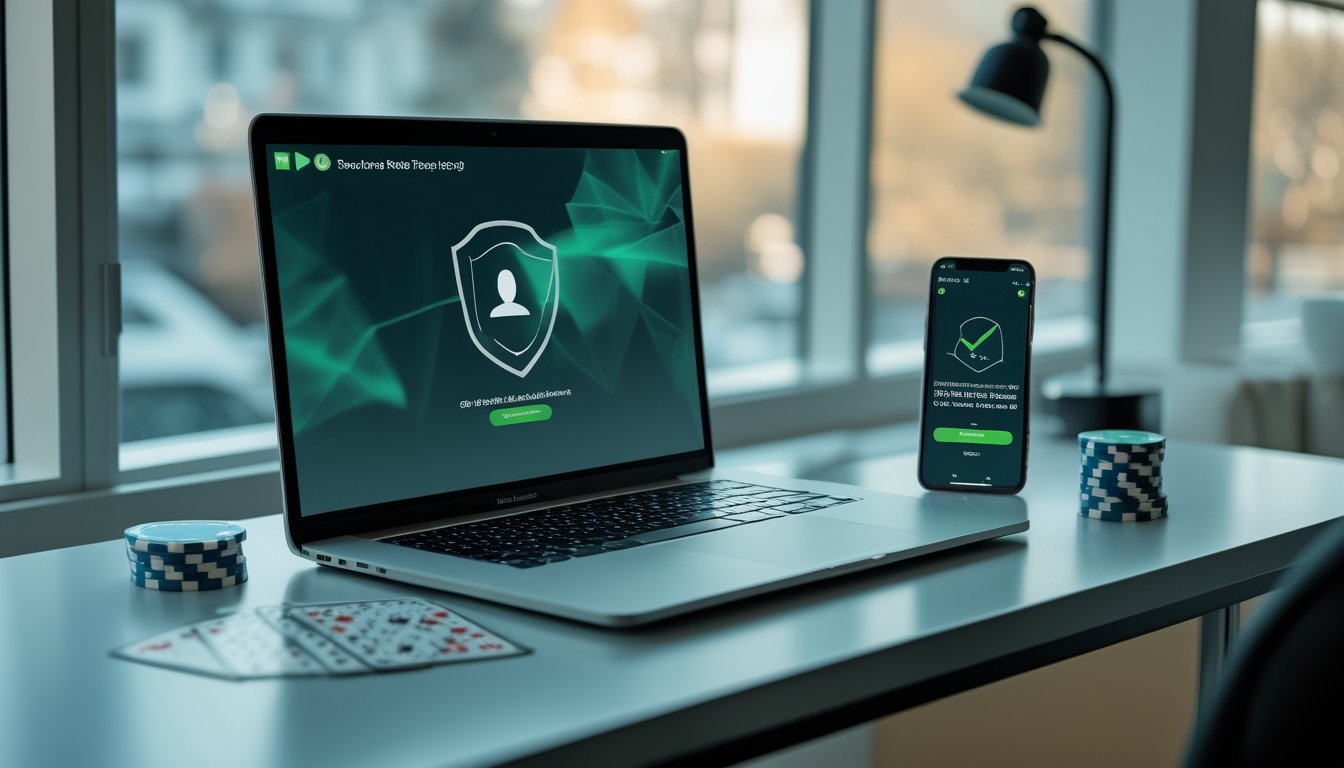 Meja kerja dengan laptop, ponsel, kartu poker, koin poker, kaca pembesar, dan simbol perisai untuk memeriksa keamanan situs.