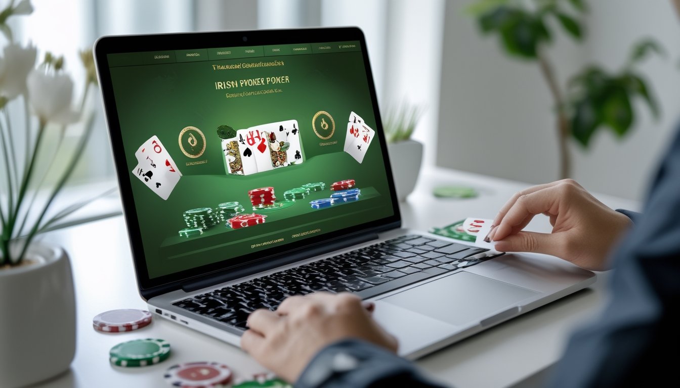 Laptop menampilkan permainan poker online dengan kartu, keping poker, dan simbol keamanan di meja kerja.