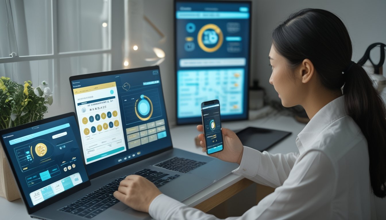 Seseorang melihat dasbor digital abstrak di laptop dan ponsel pada meja kerja modern.