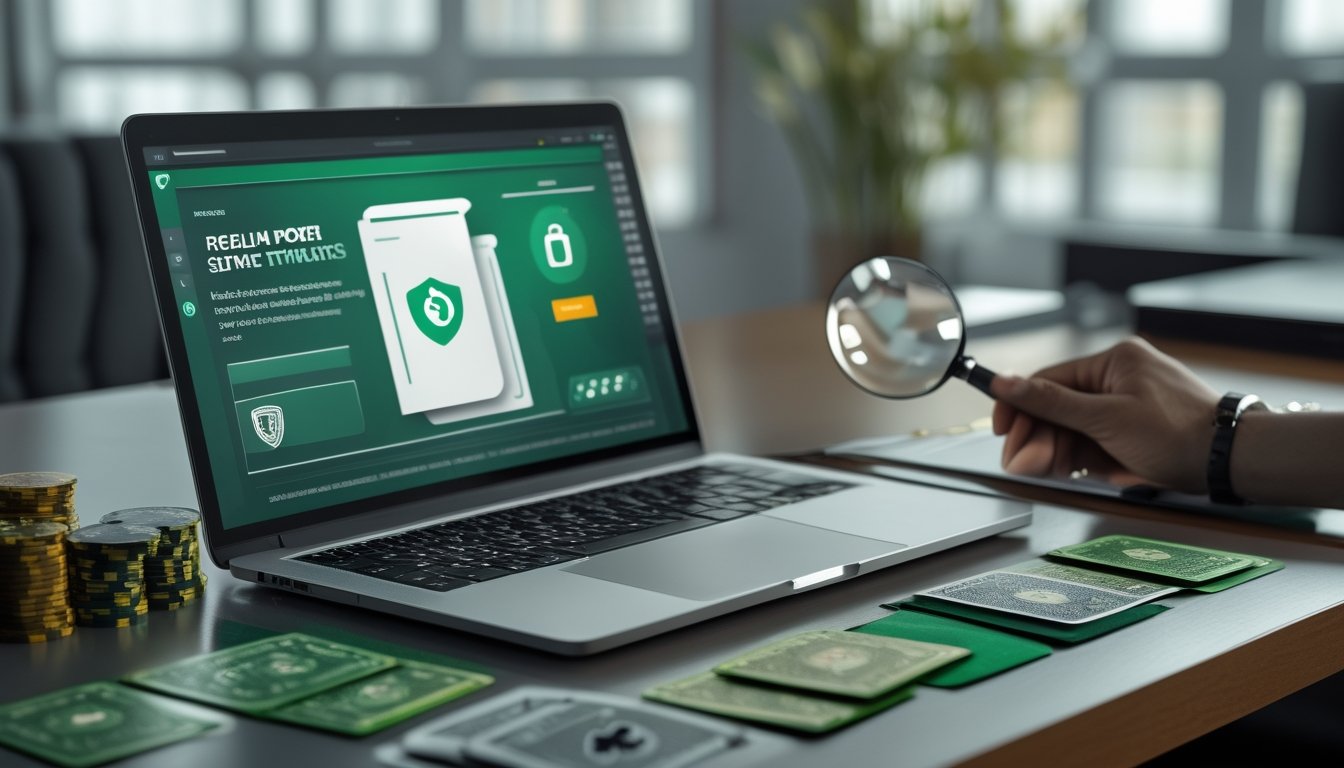 Laptop dengan antarmuka poker daring abstrak, kartu dan chip poker, dokumen legal, serta simbol perisai dan gembok di meja kerja.