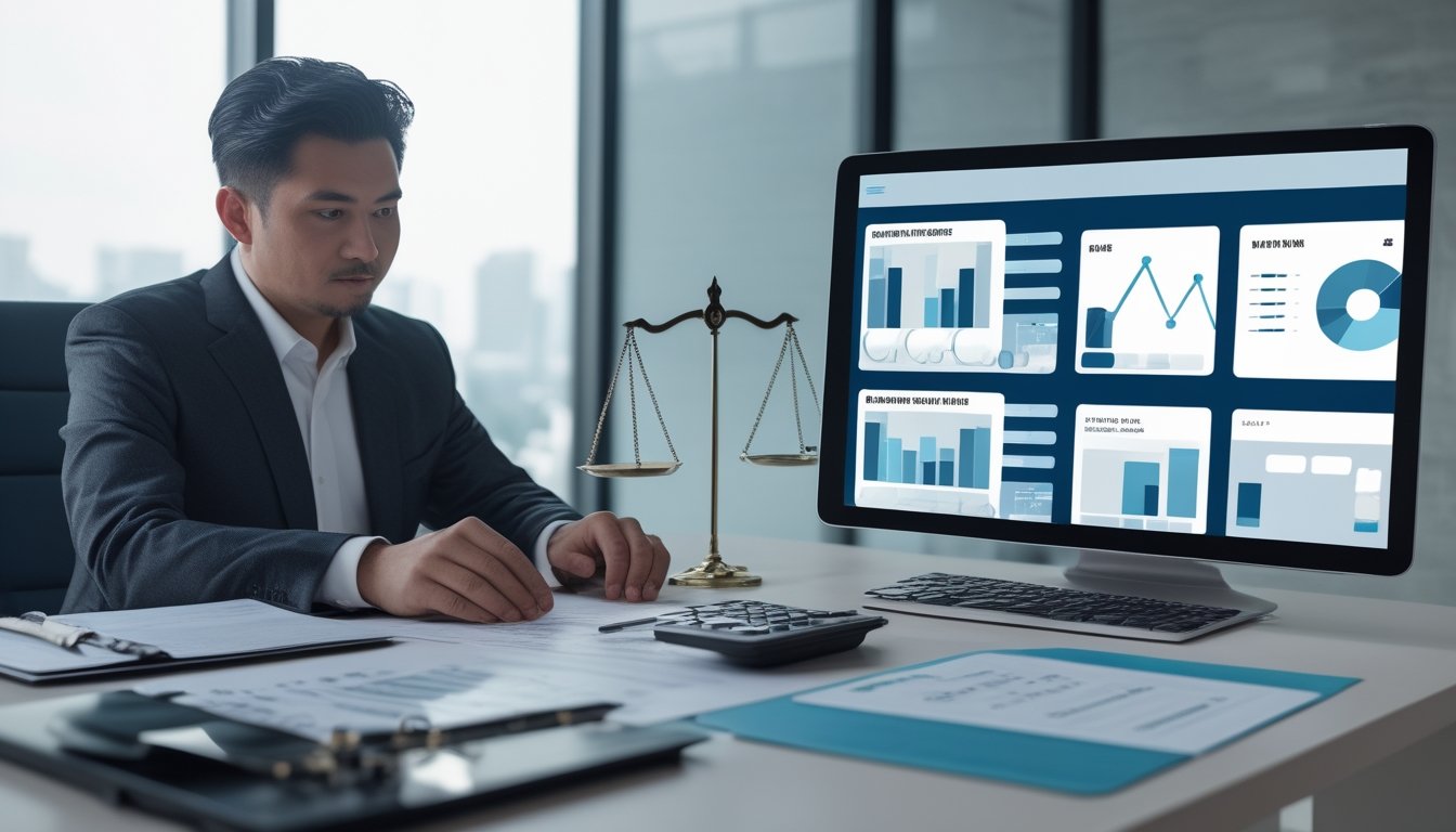 Seorang pengacara dan klien meninjau dokumen di kantor dengan laptop, timbangan hukum, dan perlengkapan administrasi.
