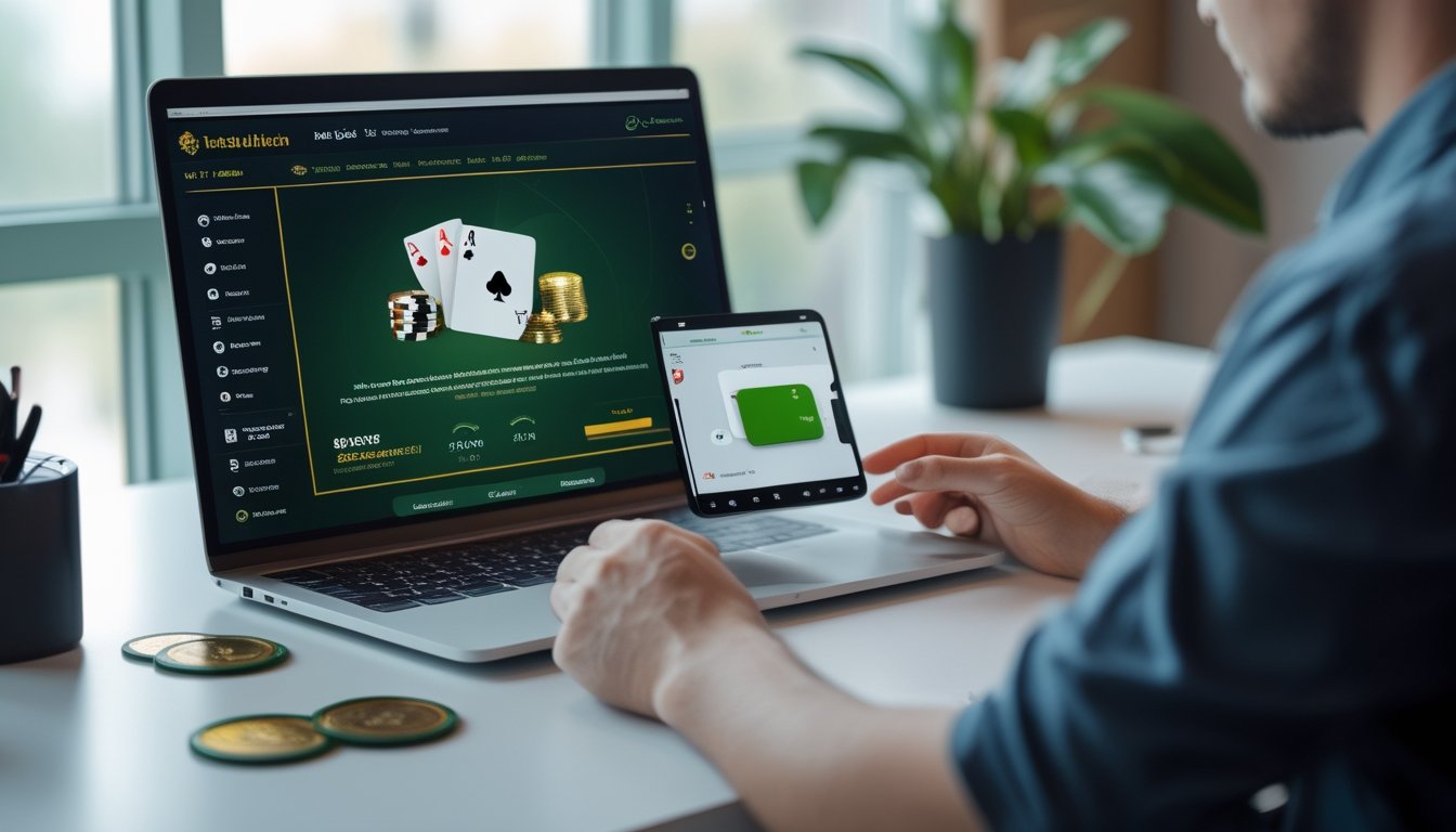 Seseorang menggunakan laptop dan ponsel untuk mendaftar poker online dengan kartu dan chip poker di atas meja.