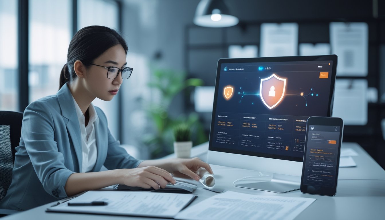 Seorang profesional memeriksa keamanan dan legalitas platform digital menggunakan laptop dengan simbol perisai dan gembok.