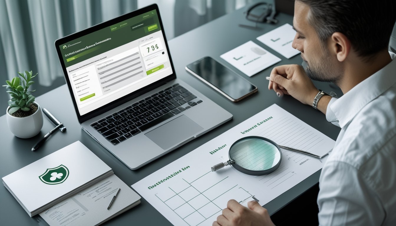 Seseorang memeriksa keamanan dan legalitas platform poker online menggunakan laptop, dokumen, kaca pembesar, dan simbol perisai.
