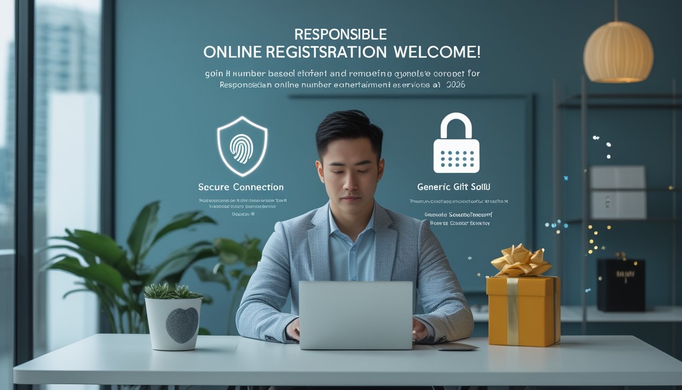 Orang dewasa menggunakan laptop untuk mendaftar layanan digital dengan simbol keamanan dan hadiah selamat datang.