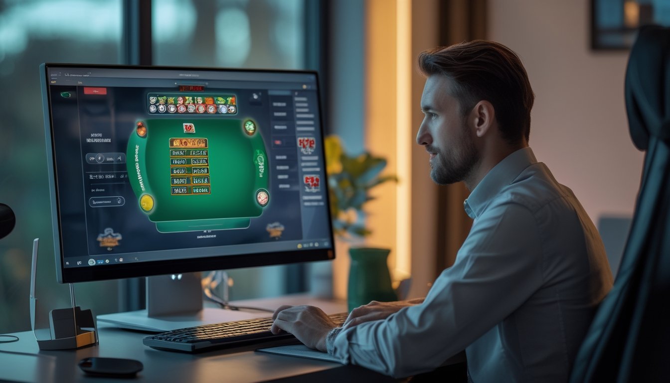Seorang pemain dewasa fokus bermain poker online di depan komputer dalam suasana malam.