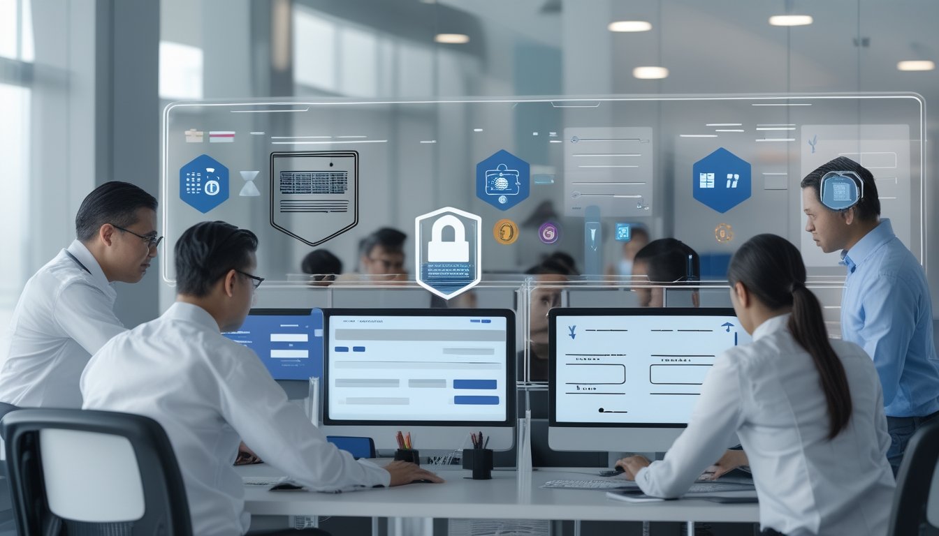 Tim profesional memeriksa keamanan dan kepatuhan platform digital di kantor modern.