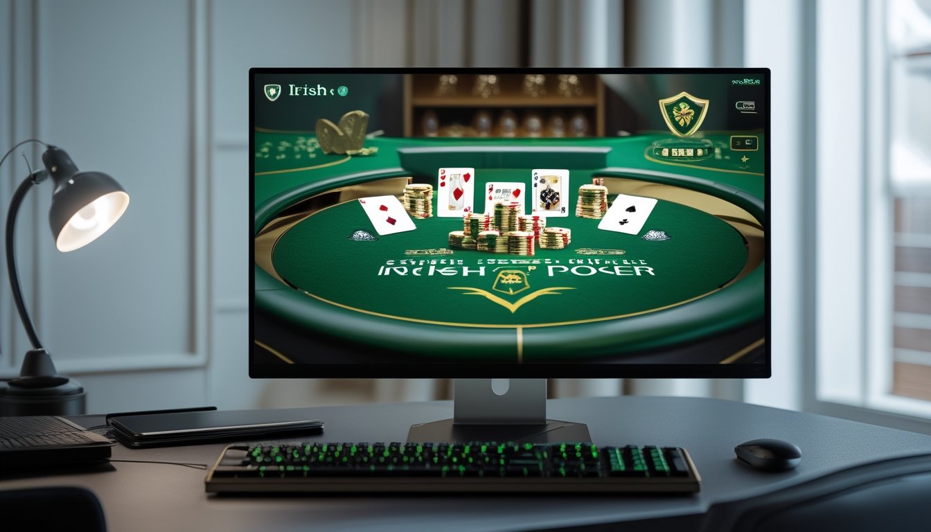 Meja kerja modern dengan monitor yang menampilkan permainan poker daring bernuansa hijau dan emas.