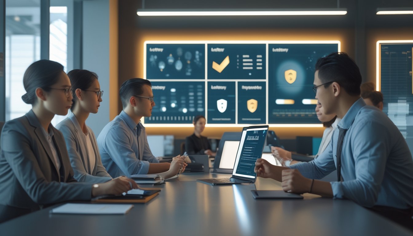 Para profesional meninjau layanan digital dan pembayaran dengan tampilan data abstrak di kantor modern.