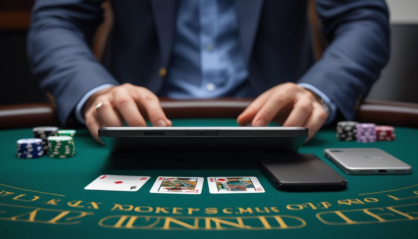 Orang dewasa menggunakan laptop untuk bermain poker online dengan ponsel dan kartu di atas meja.