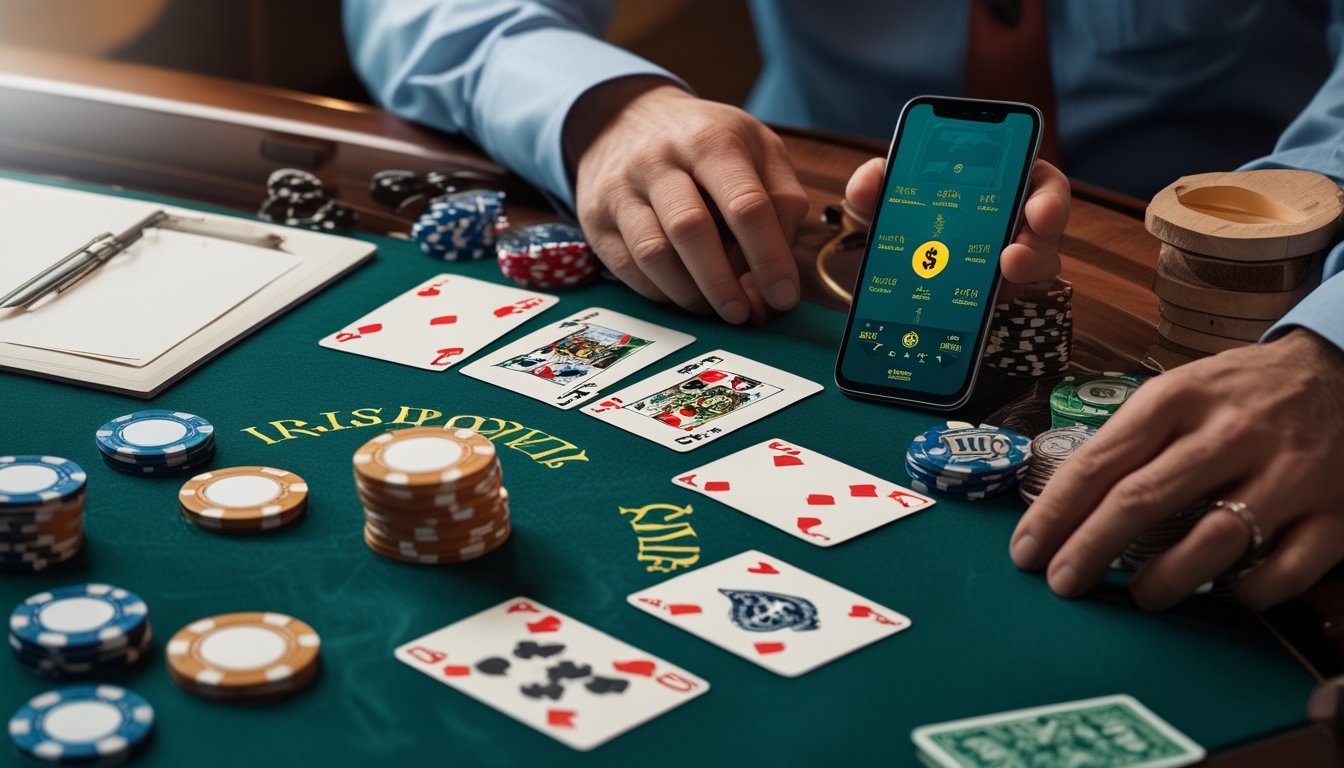 Meja permainan kartu dengan kartu poker, keping taruhan, ponsel, kalkulator, dan tangan pemain yang tampak berhati-hati.