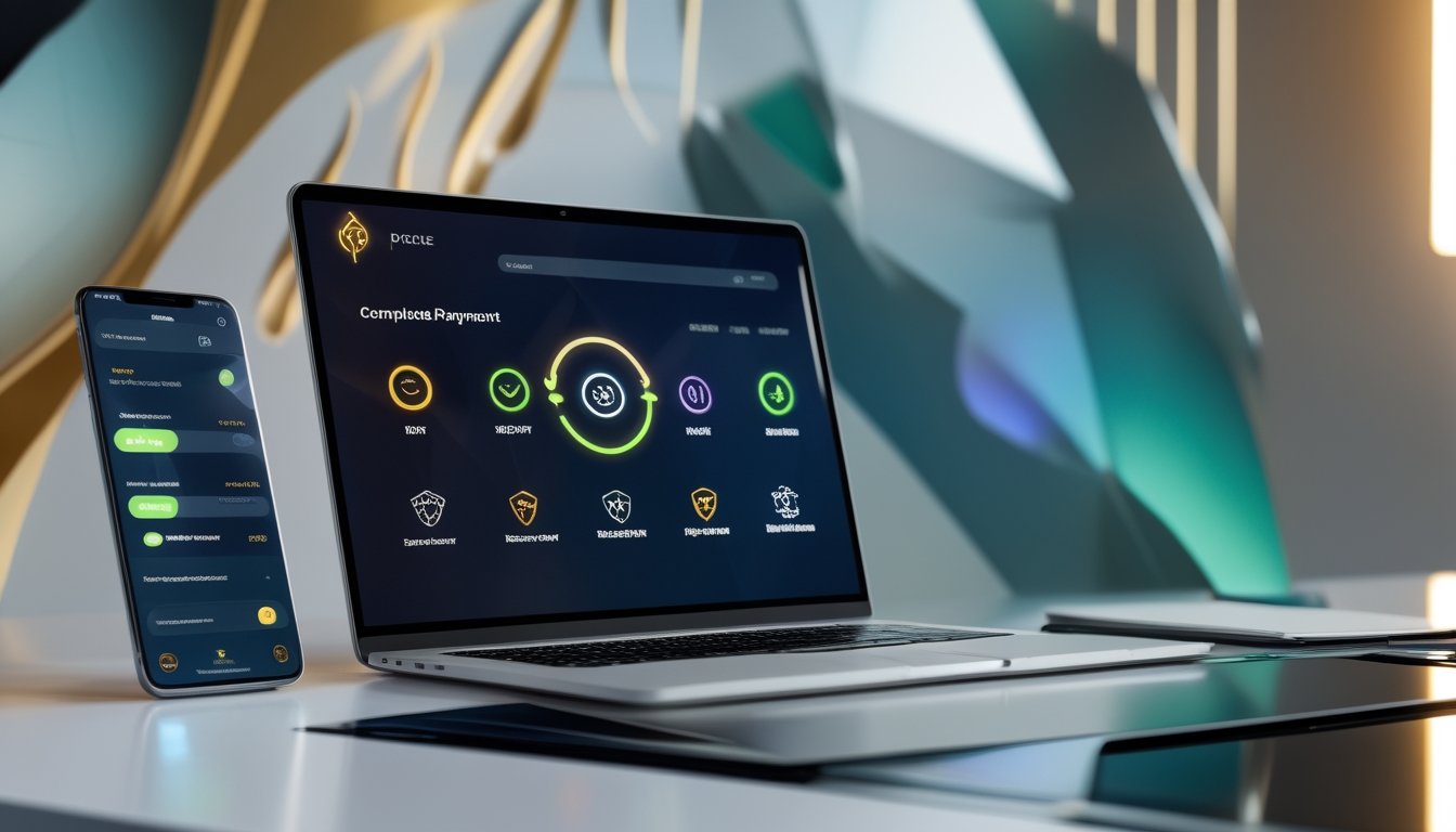 Ponsel dan laptop menampilkan antarmuka pembayaran digital dengan tanda transaksi berhasil di atas meja modern.