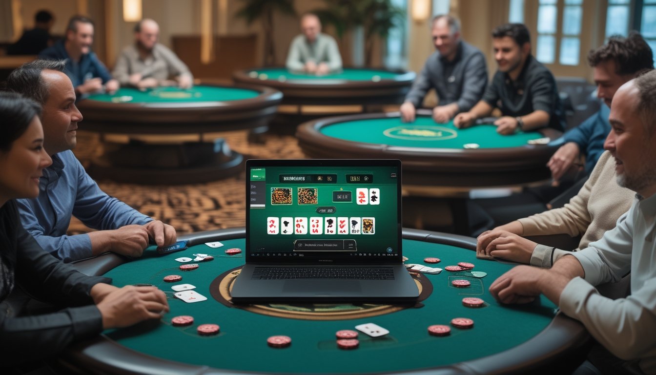 Beberapa meja poker dengan pemain dewasa dan perangkat digital yang menampilkan antarmuka permainan.