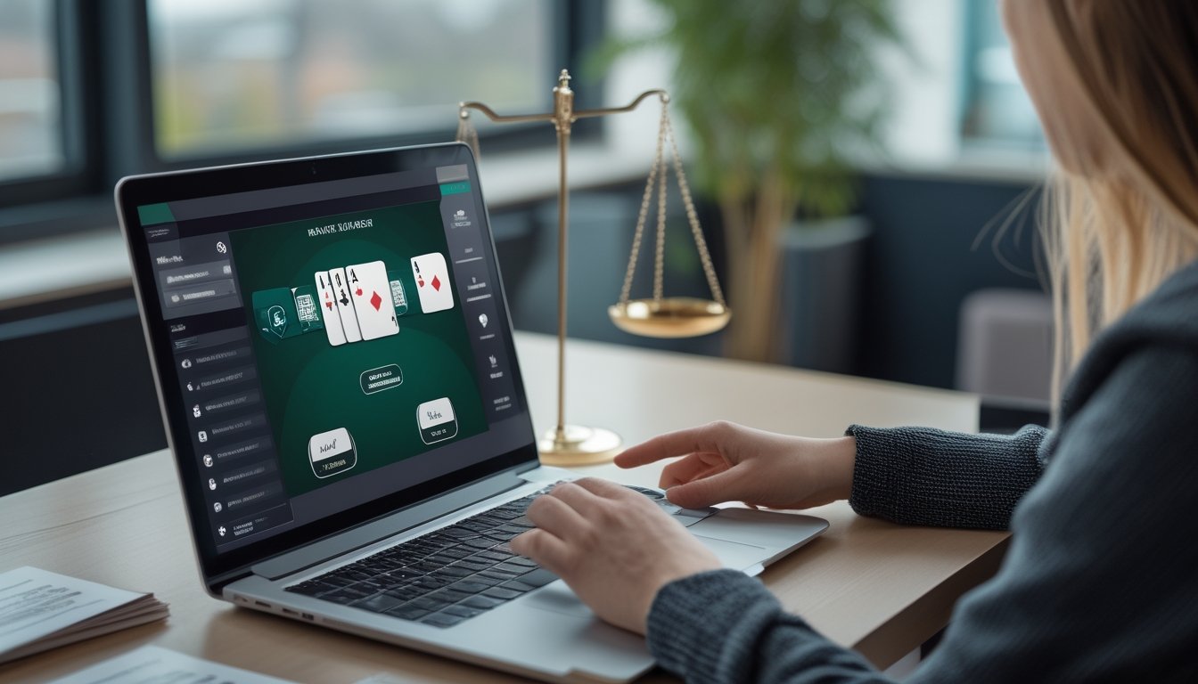 Seseorang memeriksa platform poker online di laptop dengan simbol keamanan dan dokumen verifikasi di meja.