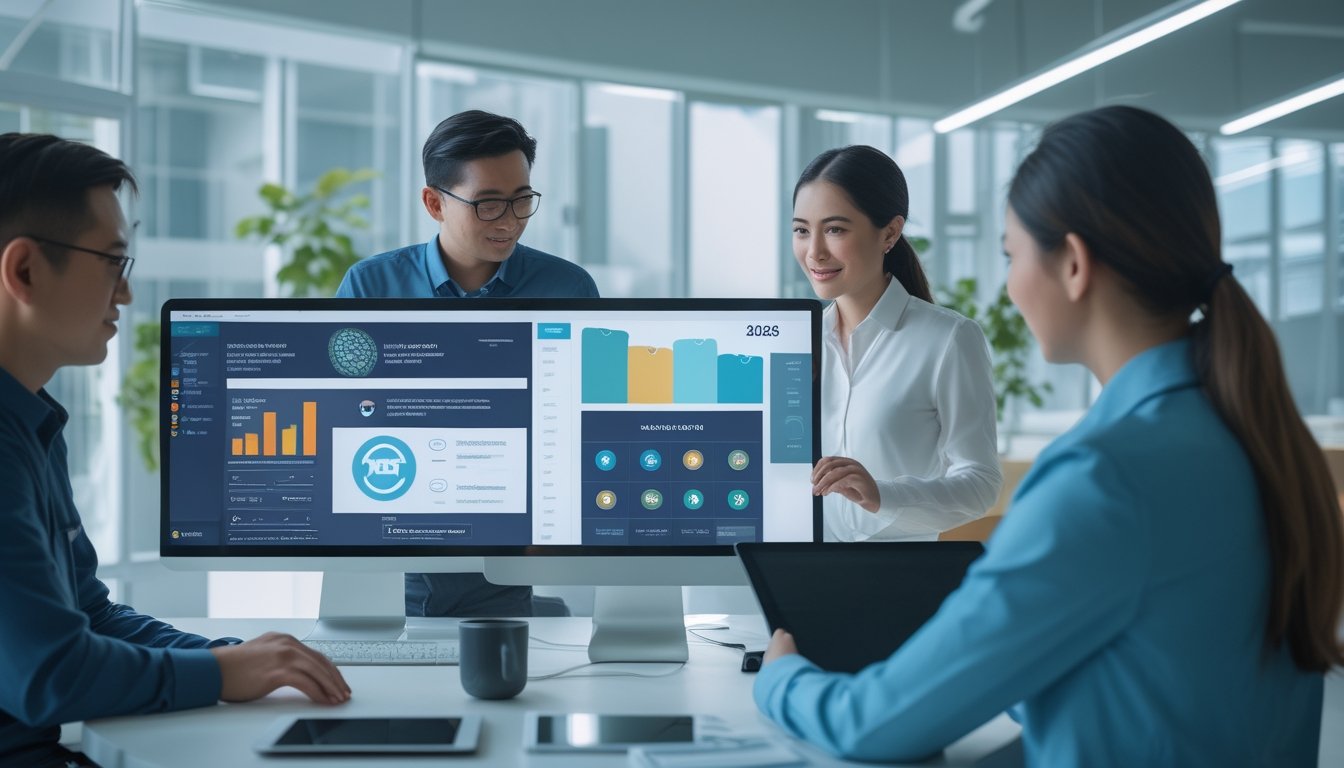 Sekelompok profesional dewasa meninjau dasbor digital di kantor modern.