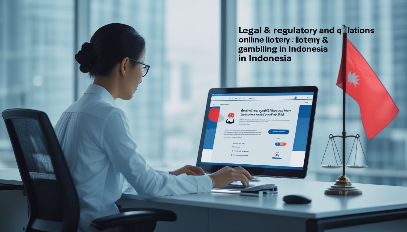 Analis hukum Indonesia meninjau dokumen regulasi digital di depan laptop dengan simbol perlindungan dan keadilan.
