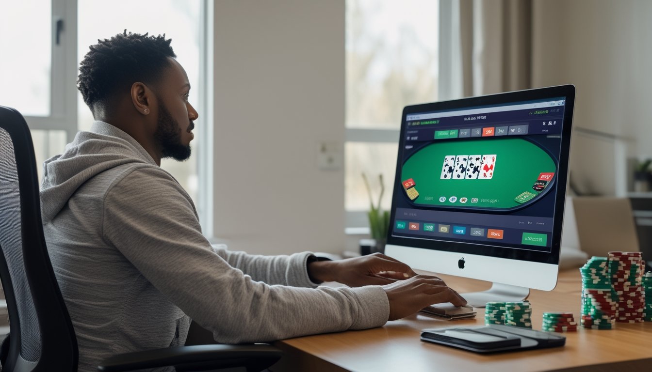 Pemula dewasa mempelajari permainan poker online di laptop dengan kartu dan chip di meja.