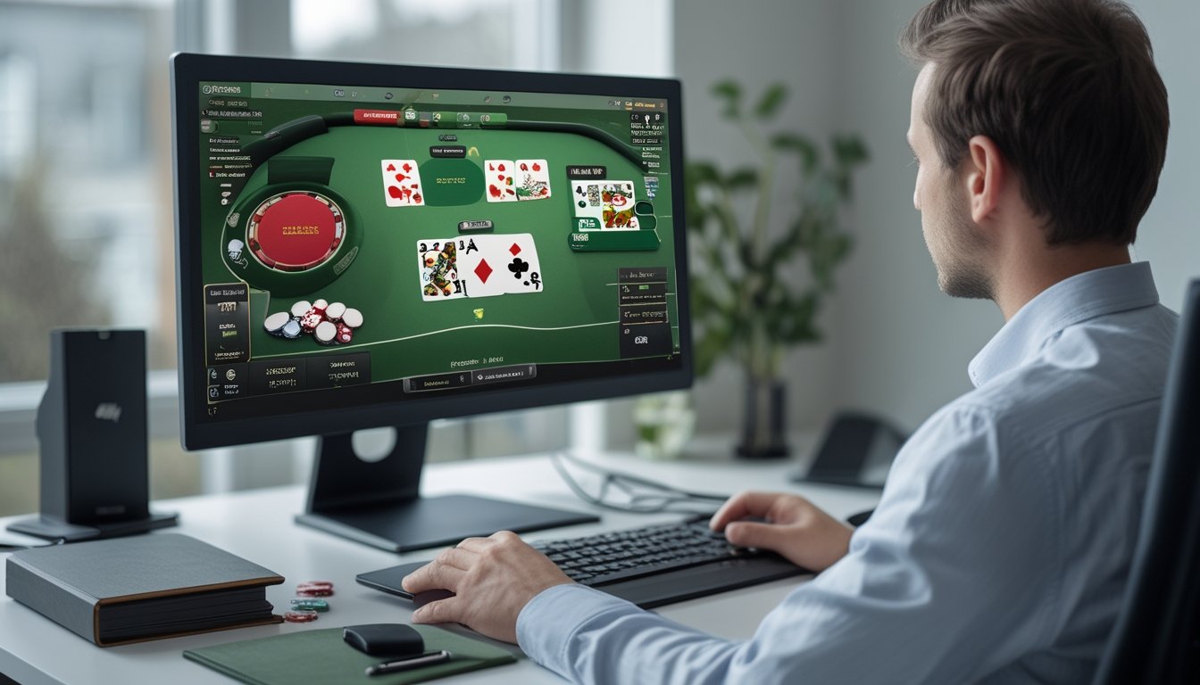 Pemula mempelajari permainan Irish Poker melalui meja poker online di komputer.