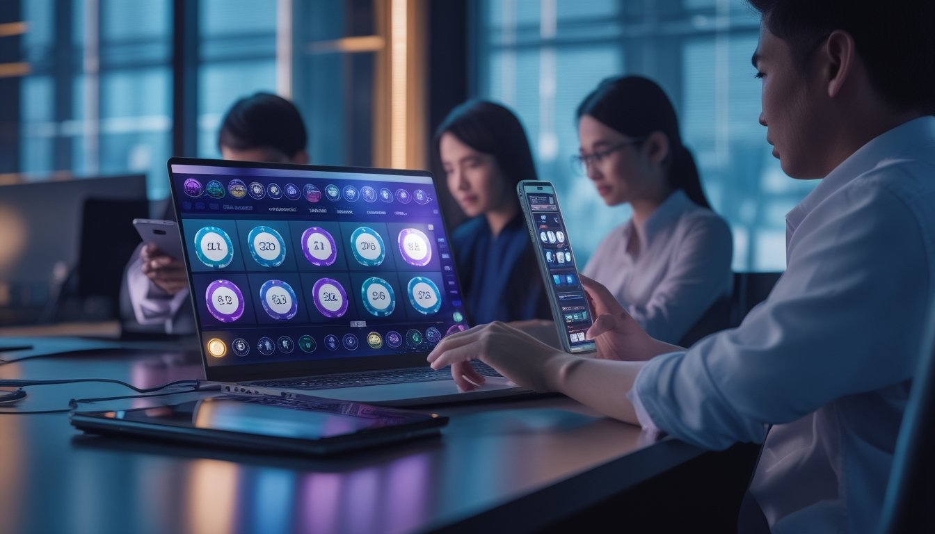 Orang dewasa menggunakan laptop dan ponsel untuk menjelajahi hiburan digital di kantor modern.