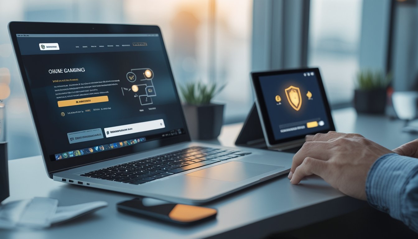 Seseorang memeriksa situs permainan daring menggunakan laptop dengan alat bantu verifikasi di meja kerja.