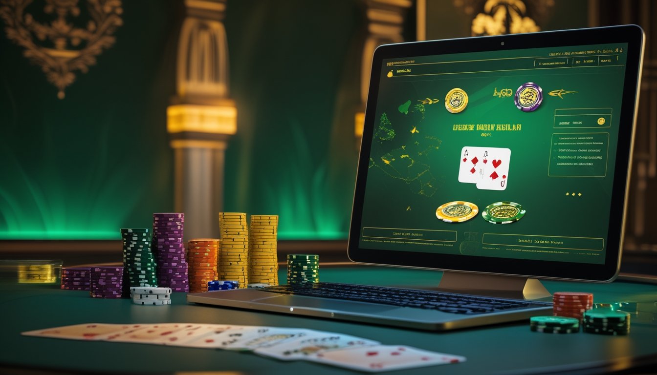 Meja poker dengan kartu, keping taruhan, dan layar komputer yang menampilkan permainan poker bernuansa hijau.
