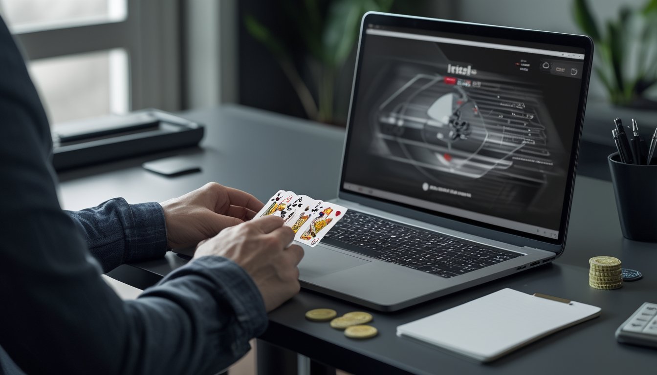 Seorang pemain dewasa menganalisis kartu dan chip poker di meja dengan laptop di ruang kerja modern.