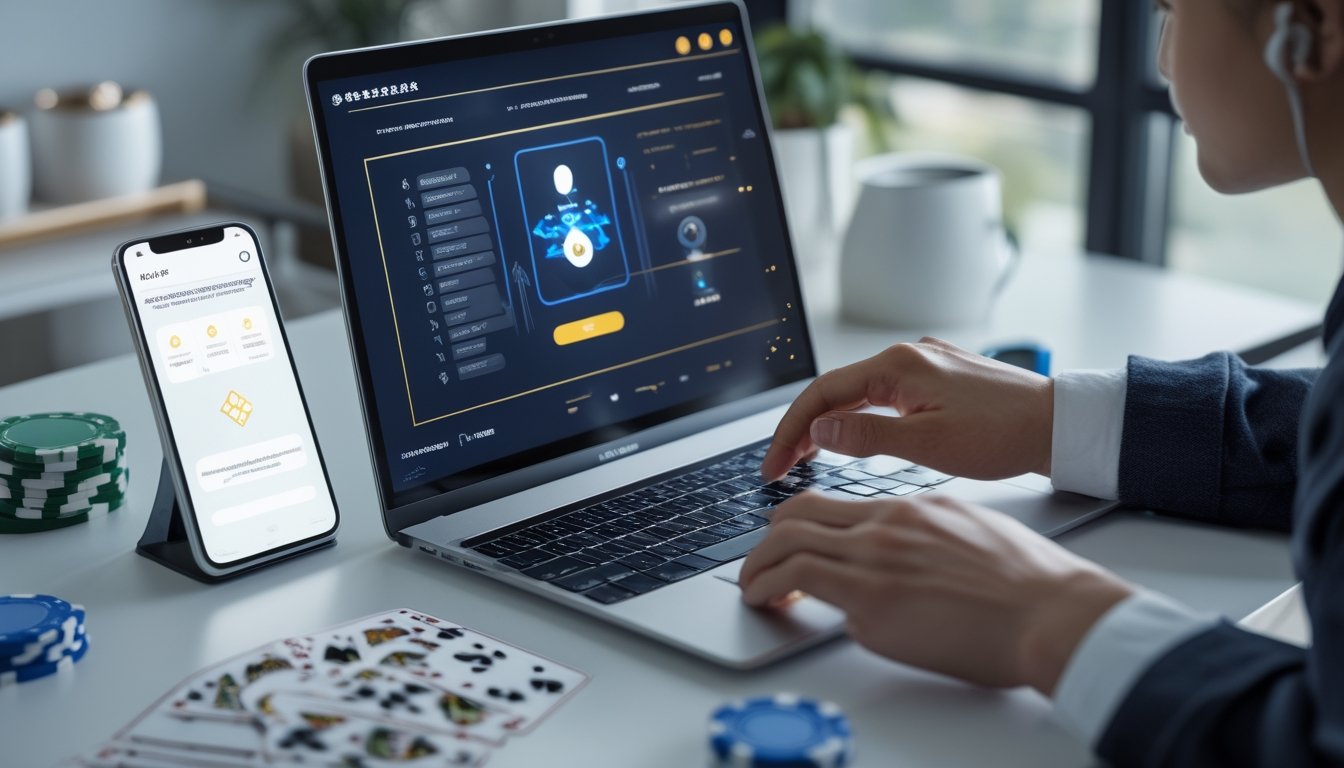 Seseorang memainkan permainan kartu online secara aman di meja kerja dengan kartu fisik dan token keamanan.