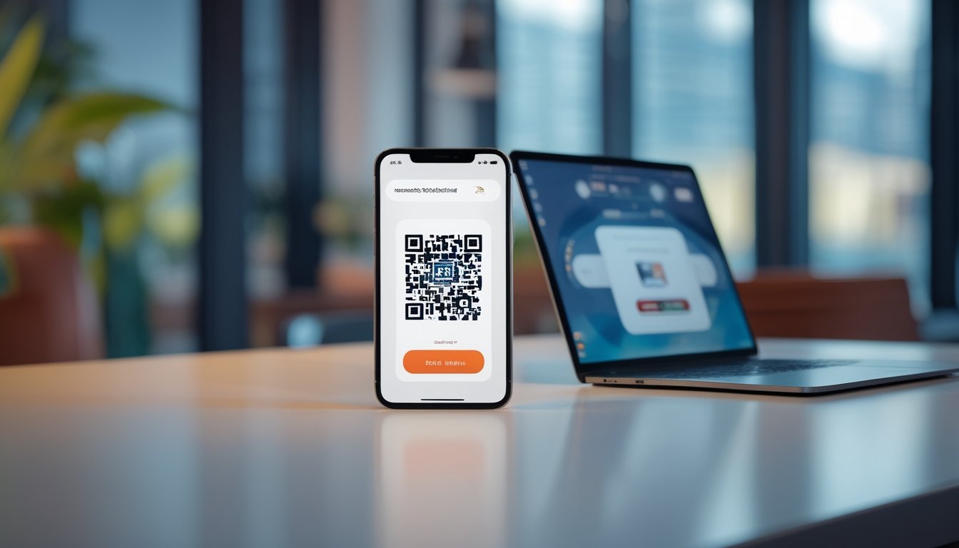 Ponsel menampilkan antarmuka pembayaran QR digital di ruang kerja modern.