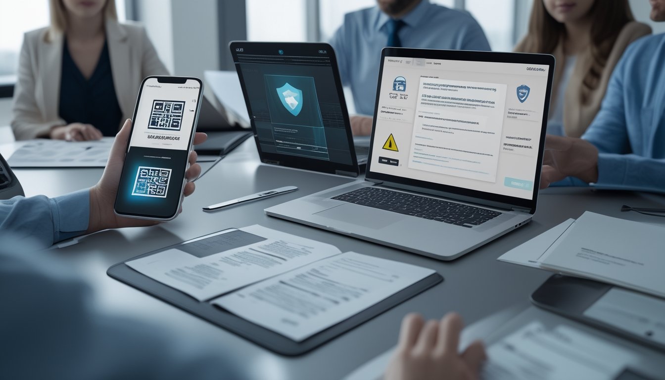 Orang dewasa meninjau keamanan pembayaran digital, dokumen hukum, dan tanda peringatan di meja kerja.