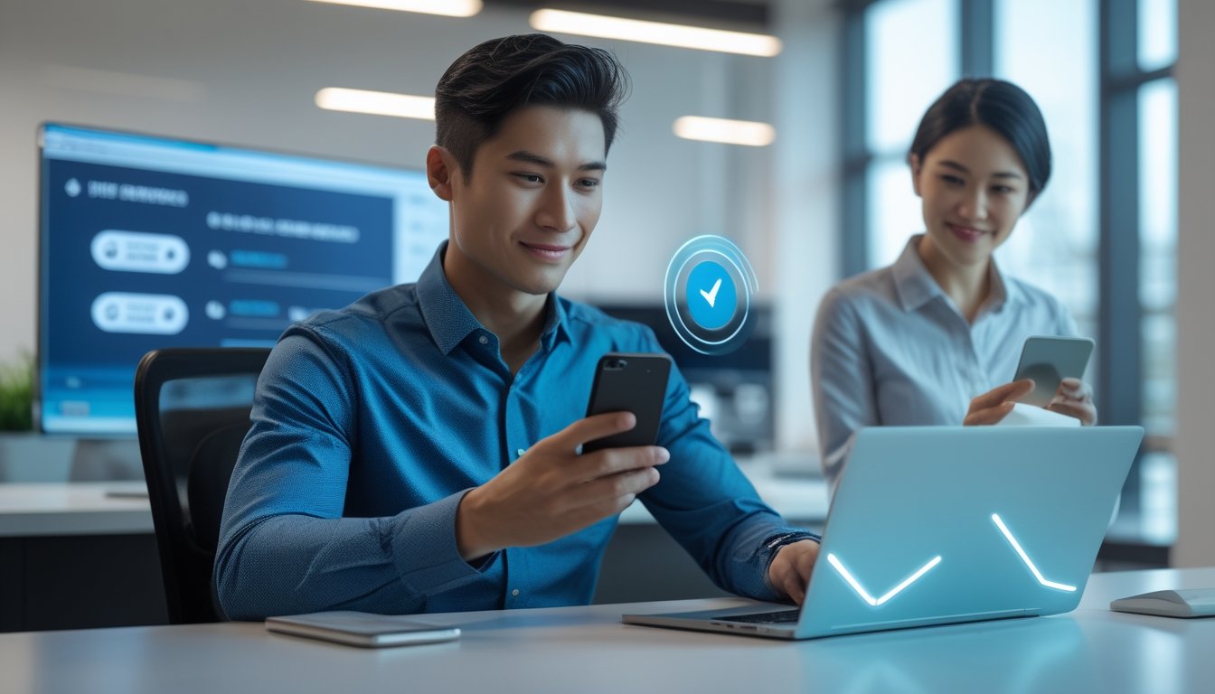 Seorang profesional menggunakan laptop dan ponsel untuk menyelesaikan transaksi digital dengan aman, sementara rekannya memeriksa tablet di kantor modern.