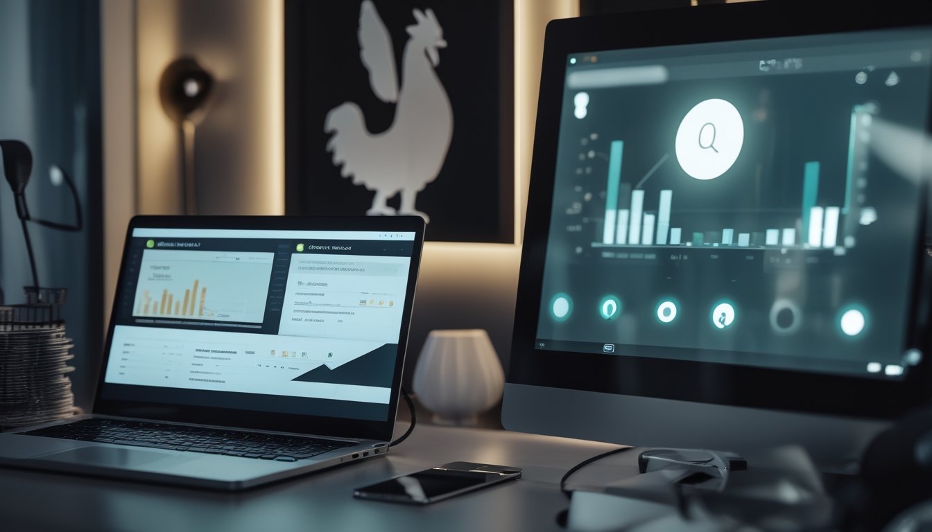 Laptop dan ponsel menampilkan antarmuka taruhan digital abstrak dengan dekorasi siluet ayam jago di latar belakang.