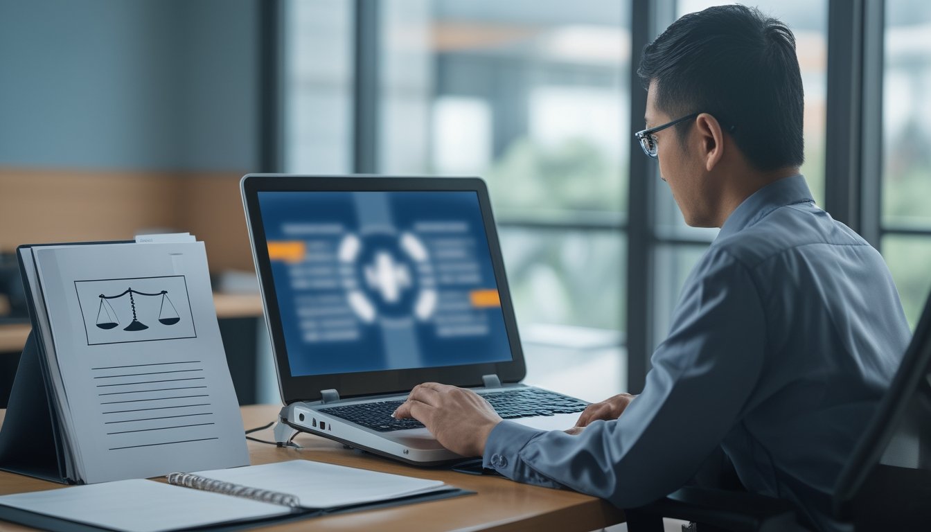 Seorang penyelidik Indonesia meninjau laptop dan dokumen hukum terkait perjudian daring di ruang kerja formal.