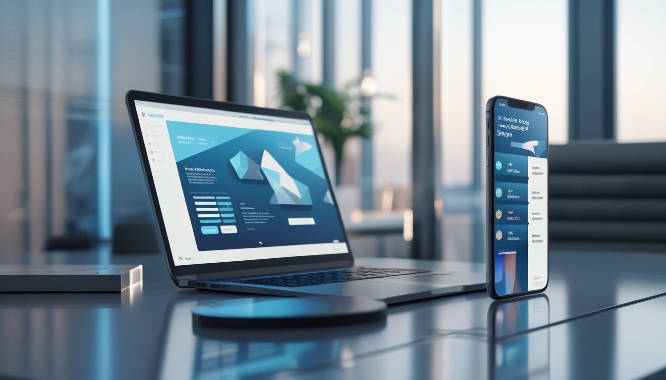 Laptop dan ponsel menampilkan antarmuka digital abstrak di atas meja kerja modern.