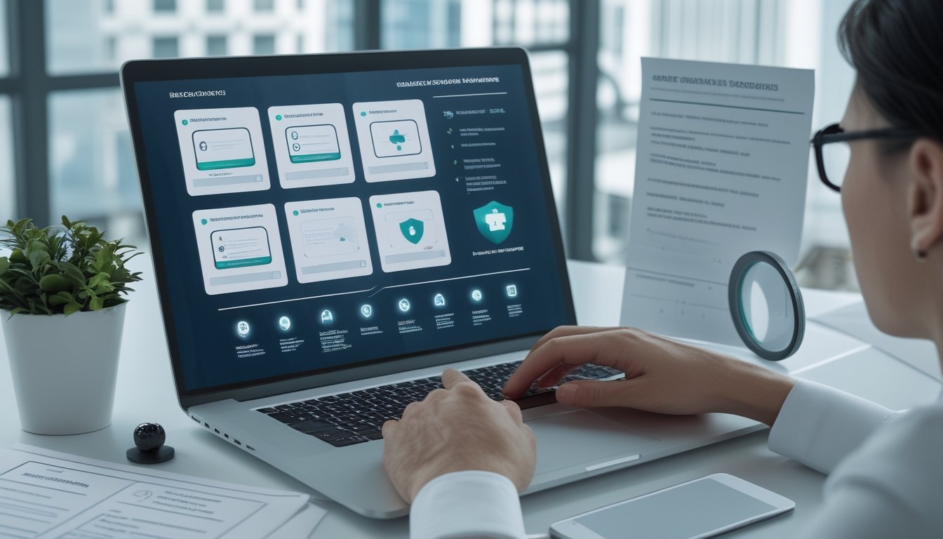 Analis sedang memeriksa keamanan dan kredibilitas platform online menggunakan laptop, dokumen, dan simbol perlindungan data.