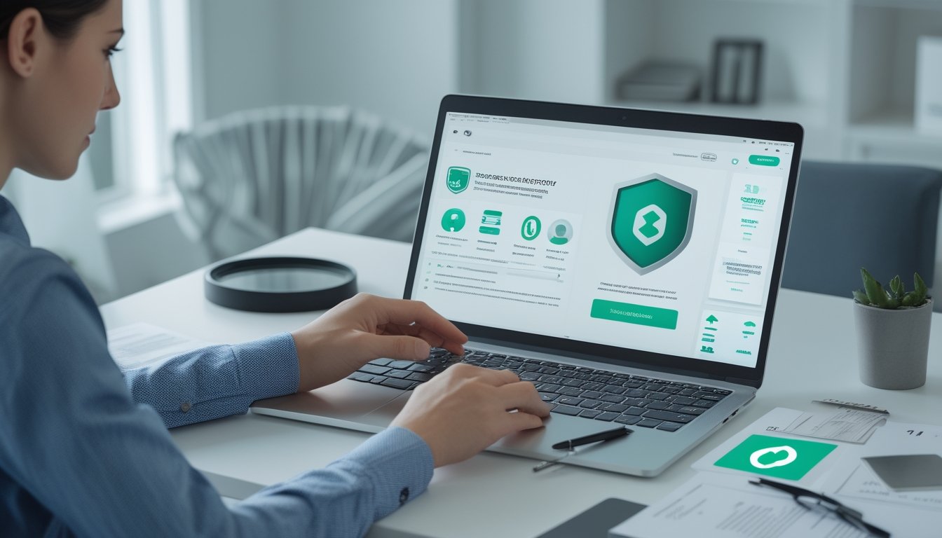 Seseorang memeriksa keamanan dan legalitas operator taruhan online melalui laptop dan dokumen di meja kerja.