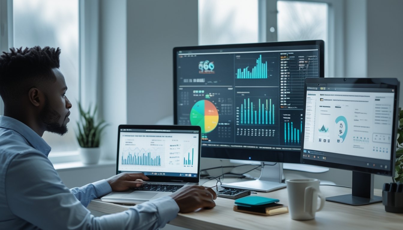 Seorang analis meninjau grafik dan pola data abstrak di ruang kerja modern.