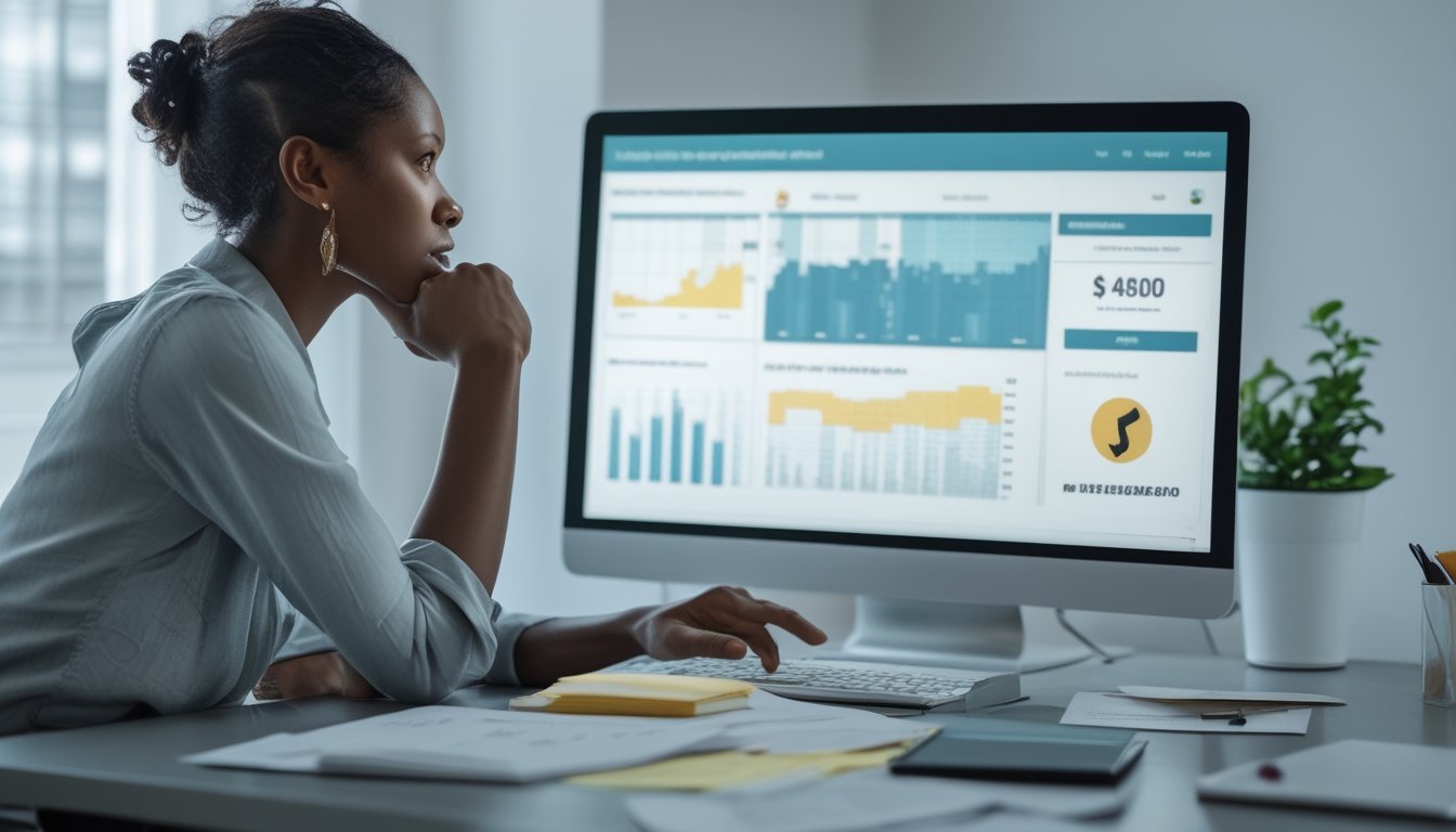 Seseorang mengamati grafik data abstrak di laptop dengan ekspresi waspada di meja kerja.